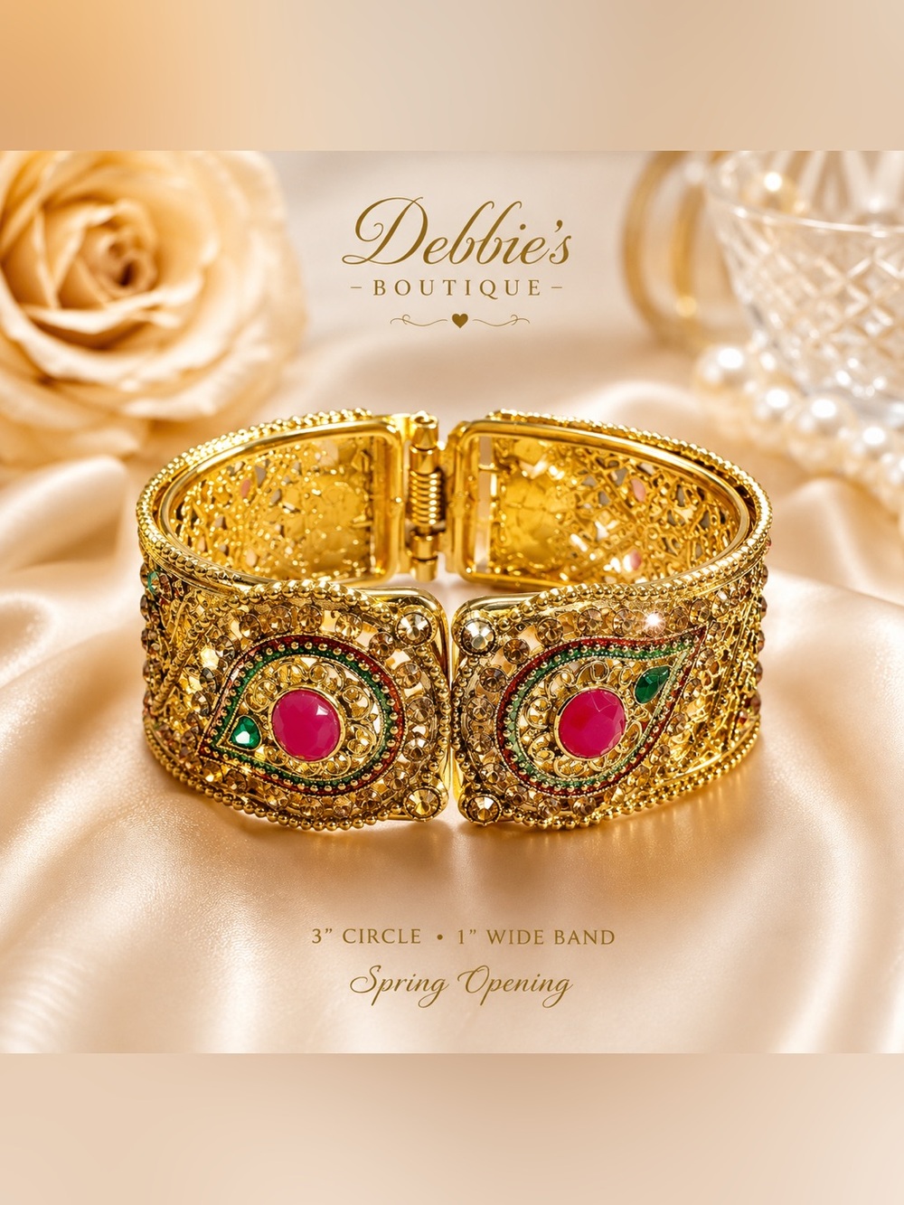 Debbie’s Boutique Gold Filigree Crystal Cuff Bracelet Pink Gem NWT
